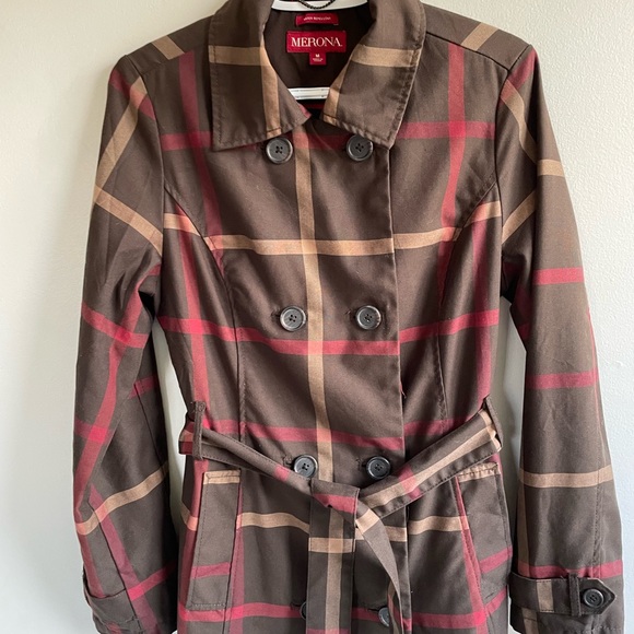 MERONA WATER REPELLANT TRENCH COAT TAN BROWN RED PLAID POCKETS BELT - Picture 3 of 13